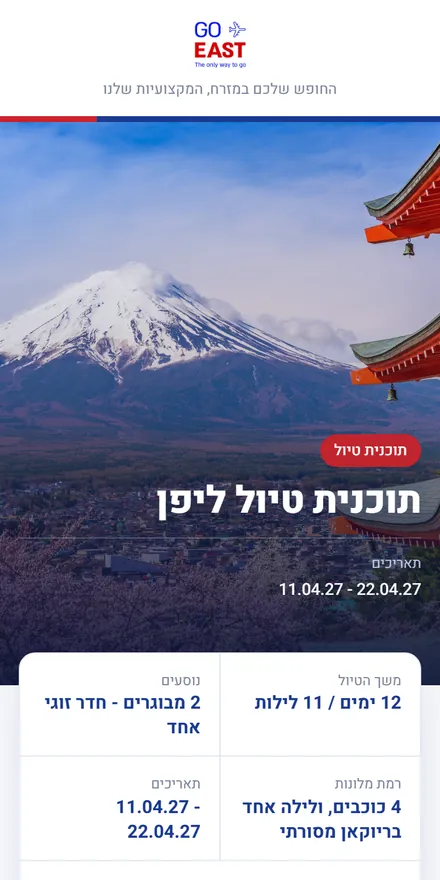 מסך הפתיחה של אפליקציית תכנון הטיול של גו איסט: תוכנית טיול ליפן עם התאריכים, מספר הלילות ומי נוסע